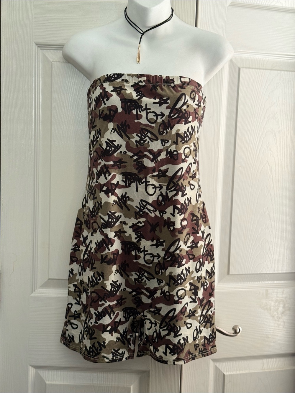 NY Invasion Strapless Camo Romper Graffiti Print Elastic Top Size M NWOT